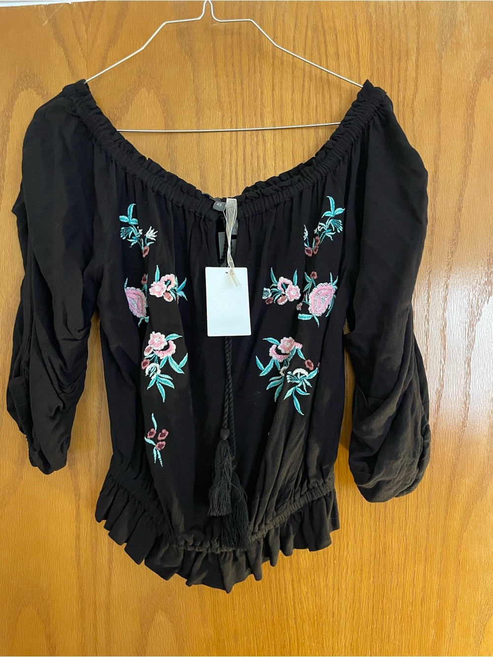 Matty M Black Off-Shoulder Embroidered Floral Blouse